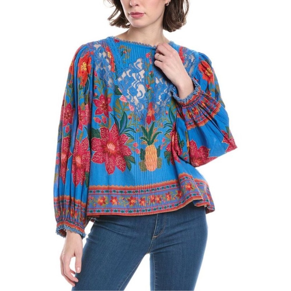 FARM Rio Blue and Red Floral Lace Blouse